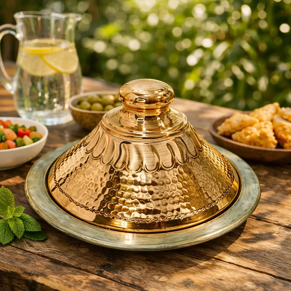 Handcrafted Moroccan copper tagine placed on a rustic wooden outdoor dining table surrounded by appetizers and green foliage