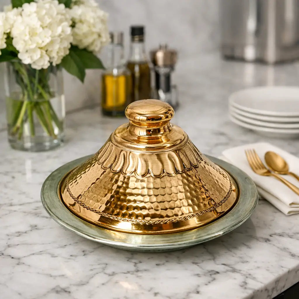 Polished Moroccan copper tagine displayed on a bright white marble kitchen countertop next to golden cutlery