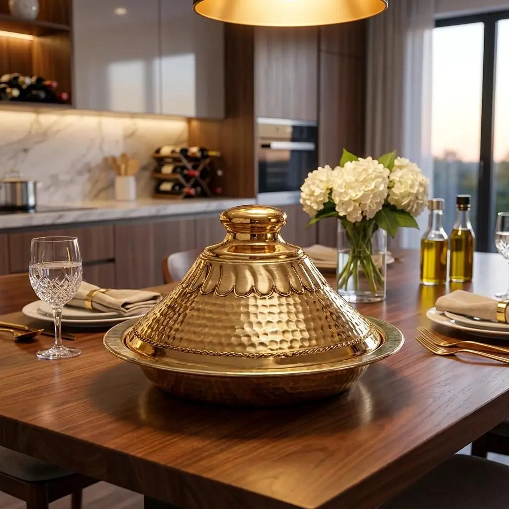 Side view of a handcrafted Moroccan copper tagine placed on a contemporary wooden kitchen dining table with modern decor