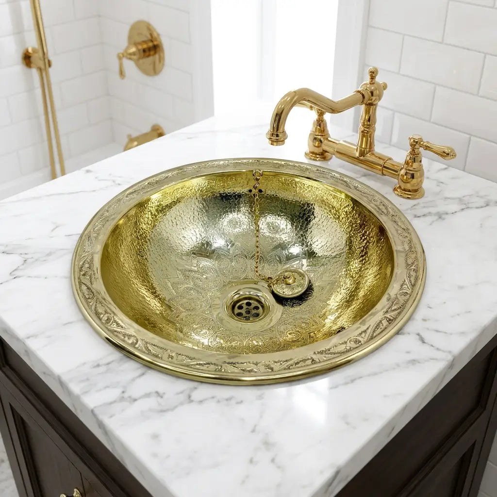 Top view of an oval hammered brass sink with an engraved rim set in a white marble countertop with a vintage brass faucet.