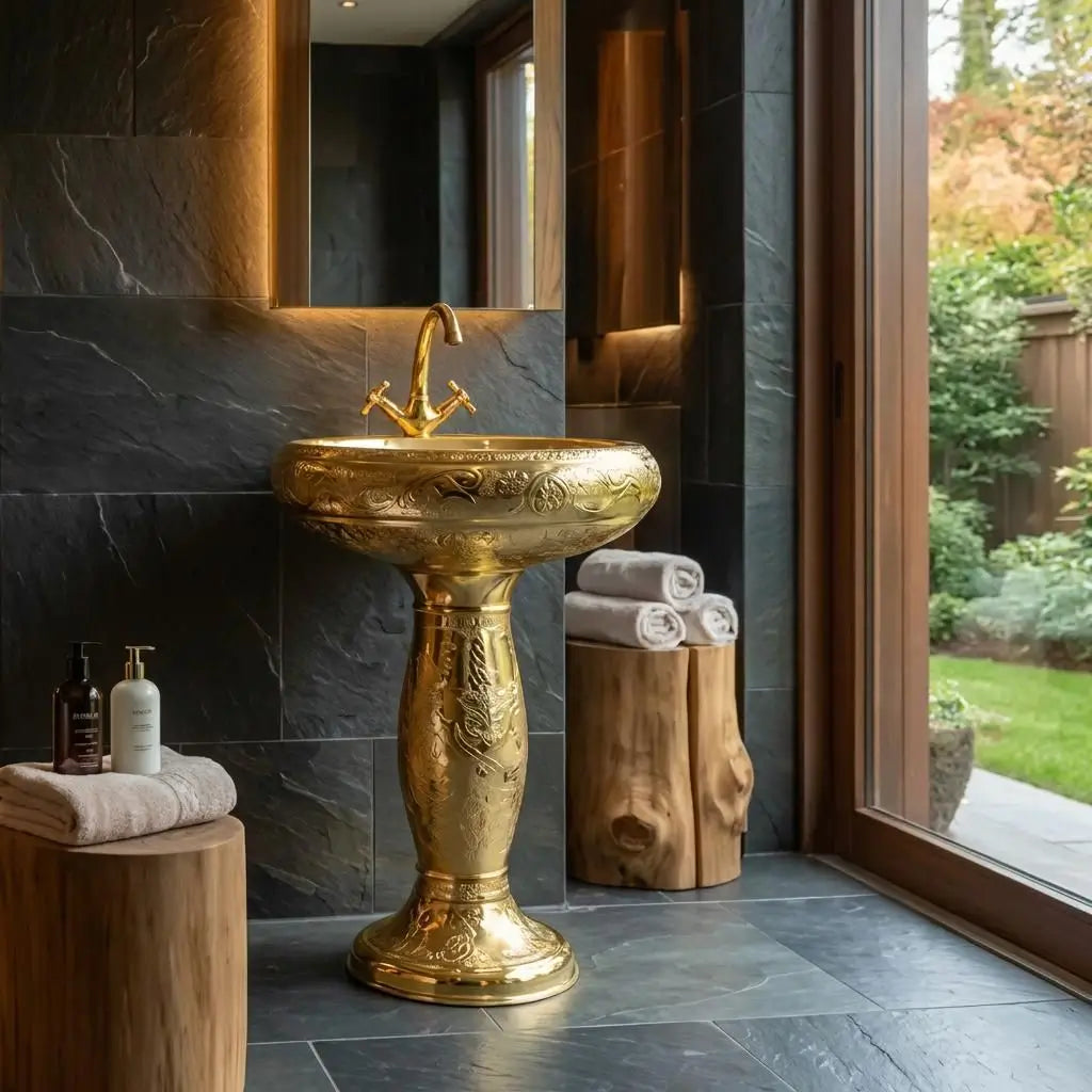 Engraved Moroccan brass pedestal sink with a matching gold faucet, styled in a luxury spa bathroom with dark slate stone walls, wooden log accents for towels, and a glass door opening to a garden.