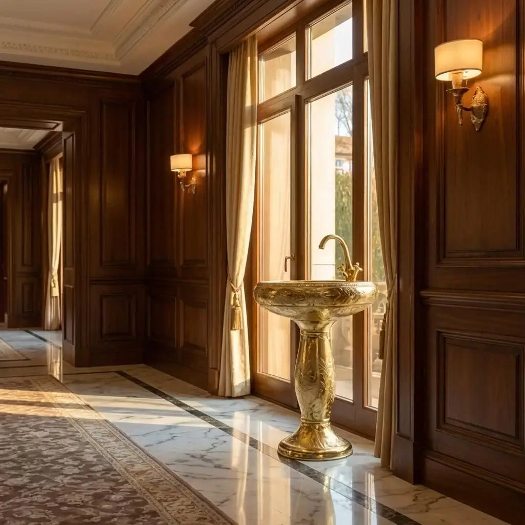 Ornate Moroccan engraved brass pedestal washbasin and matching faucet positioned by large glass French doors in a luxury manor hallway with dark wood paneling, warm lighting, and marble tile floors.