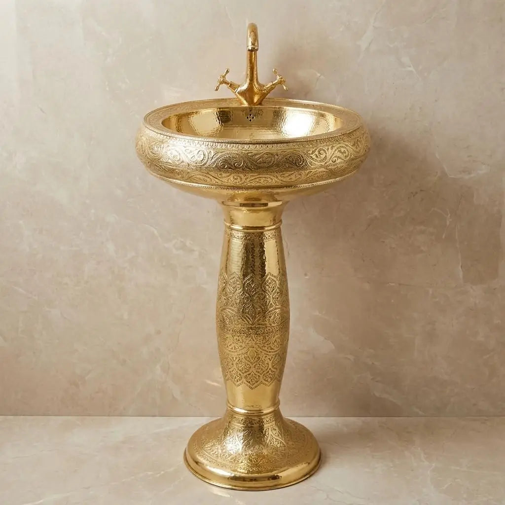 Artisanal Moroccan engraved brass pedestal washbasin with a matching high-arc brass faucet, displaying detailed ethnic patterns against a neutral textured studio backdrop.