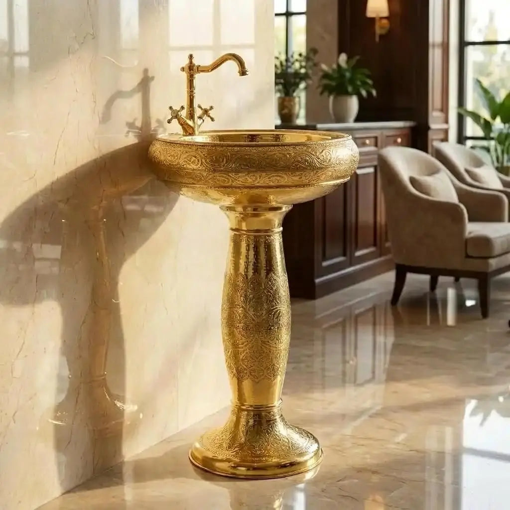 Moroccan etched brass pedestal sink with a matching ornate bamboo-style faucet, casting a shadow on a polished stone wall in a luxury lounge background with velvet armchairs and glossy tiled flooring.