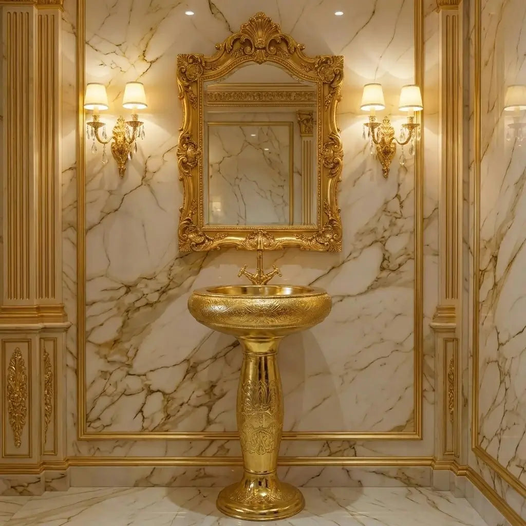 Luxury Moroccan etched brass pedestal washbasin and matching faucet centered beneath an ornate gold carved mirror, framed by elegant wall sconces on a premium white and gold marble backdrop.