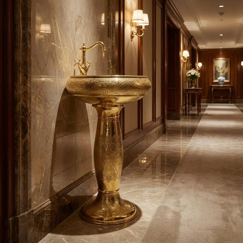 Luxury Moroccan gold brass pedestal sink with a matching gooseneck faucet, installed along a grand hotel corridor featuring dark wood wall paneling, polished marble floors, and elegant wall sconces.