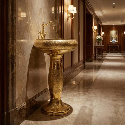 Luxury Moroccan gold brass pedestal sink with a matching gooseneck faucet, installed along a grand hotel corridor featuring dark wood wall paneling, polished marble floors, and elegant wall sconces.