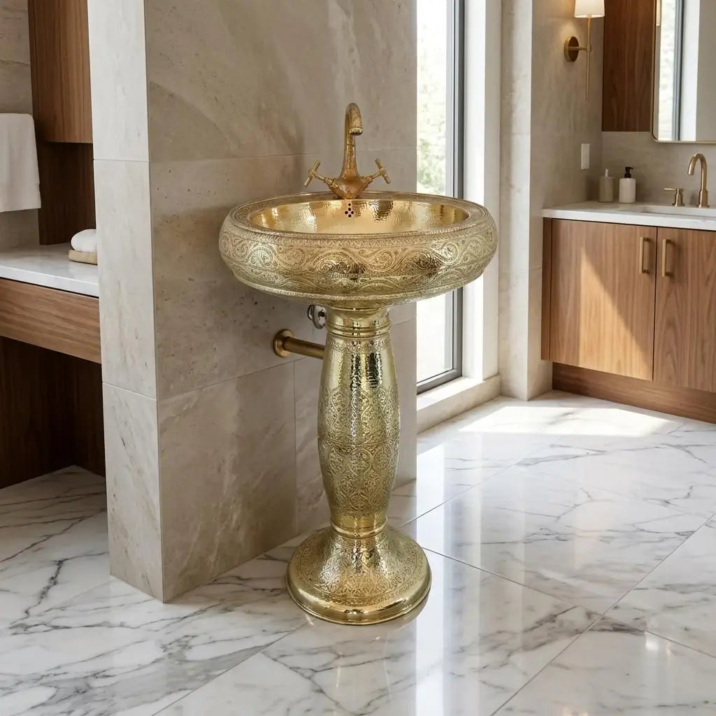 Moroccan hammered brass pedestal washbasin with a matching high-arc faucet, featured in a contemporary bright bathroom setting with grey stone wall tiling, white marble floors, and wooden vanity cabinets.