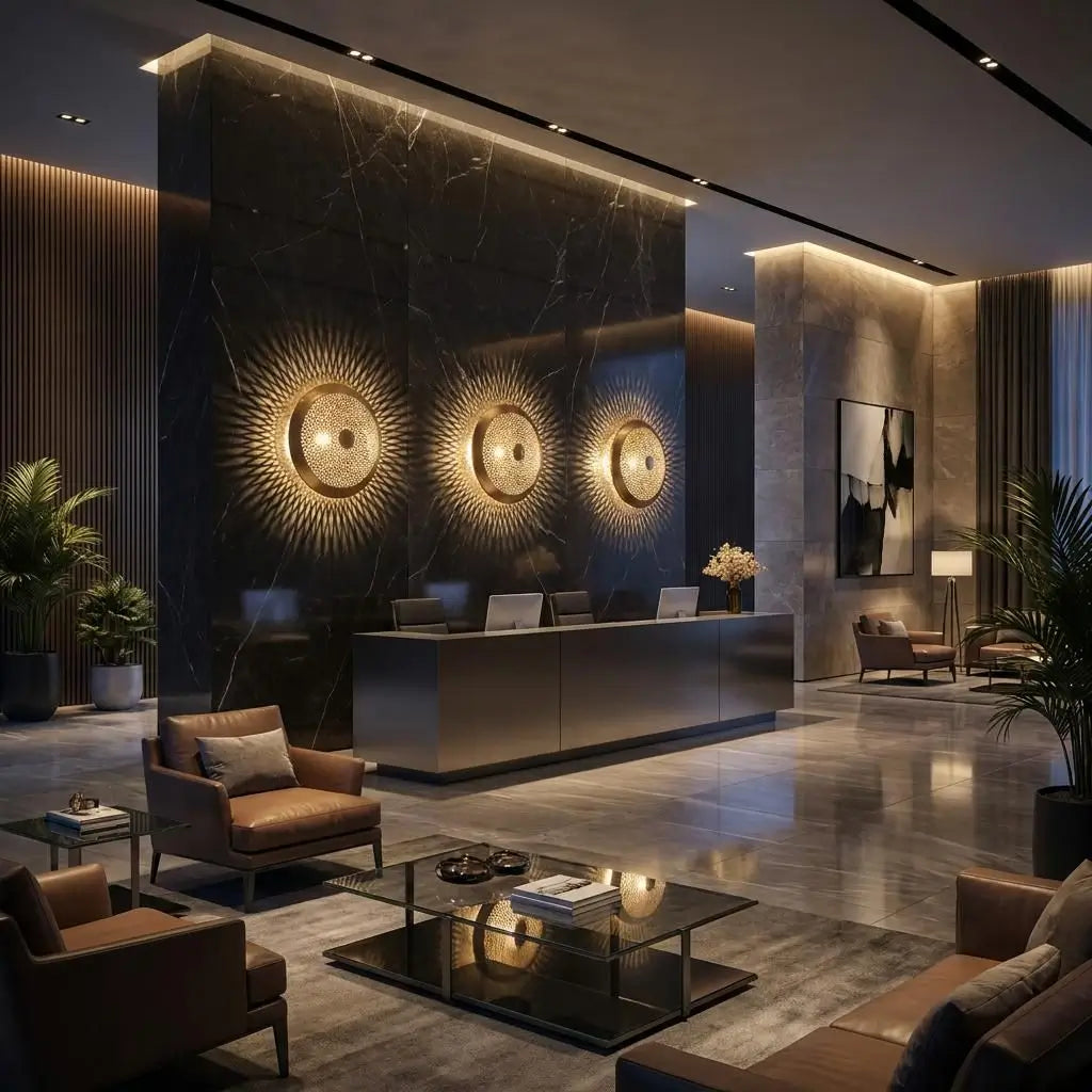 Moroccan wall light, handmade artisan brass lighting sconces shaped like sunbursts installed on a dark marble wall in a luxury hotel lobby or reception area.