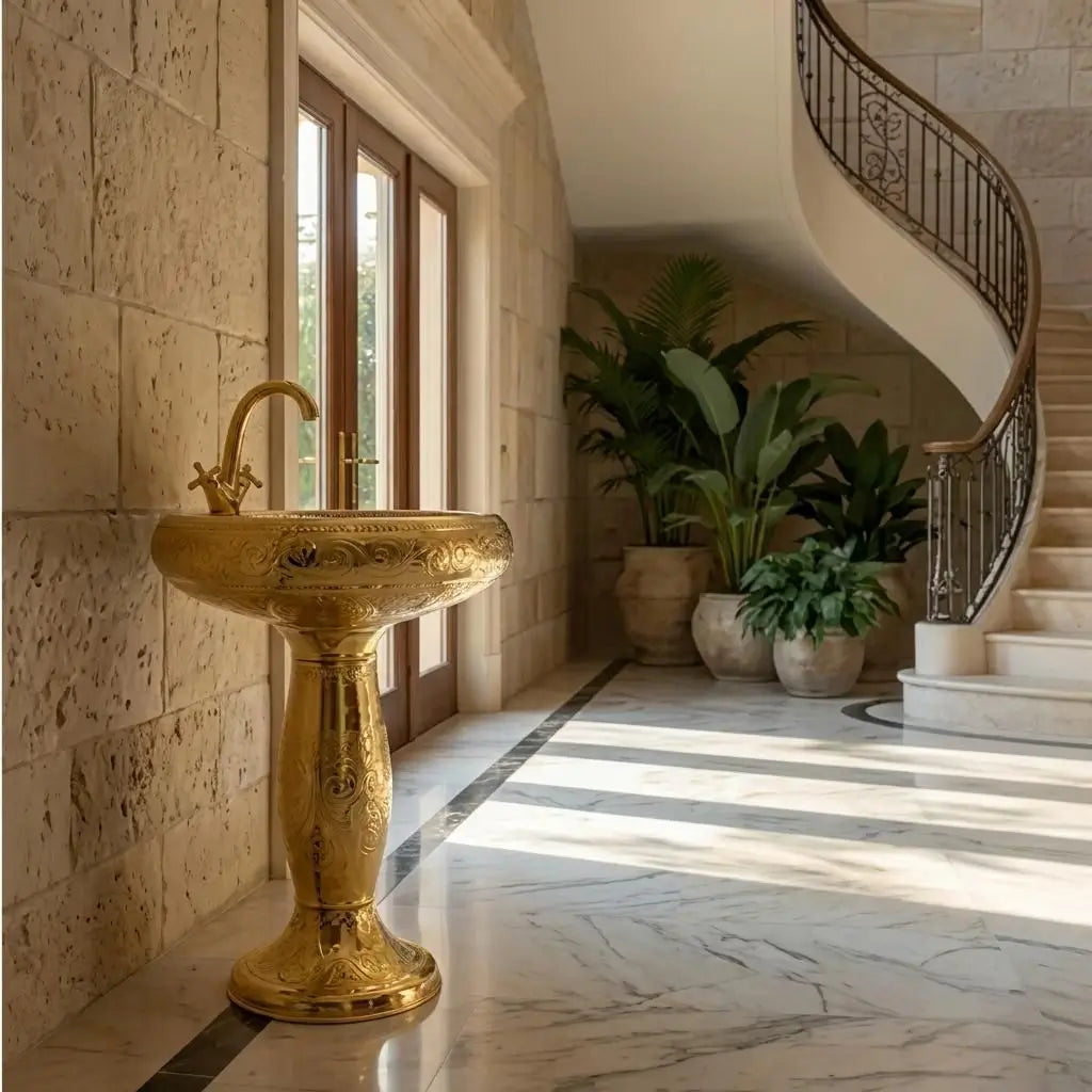 Polished Moroccan brass pedestal sink with a matching gooseneck faucet, showcased in a sunny villa foyer next to a travertine stone brick wall, marble floors, indoor potted plants, and a curved staircase.