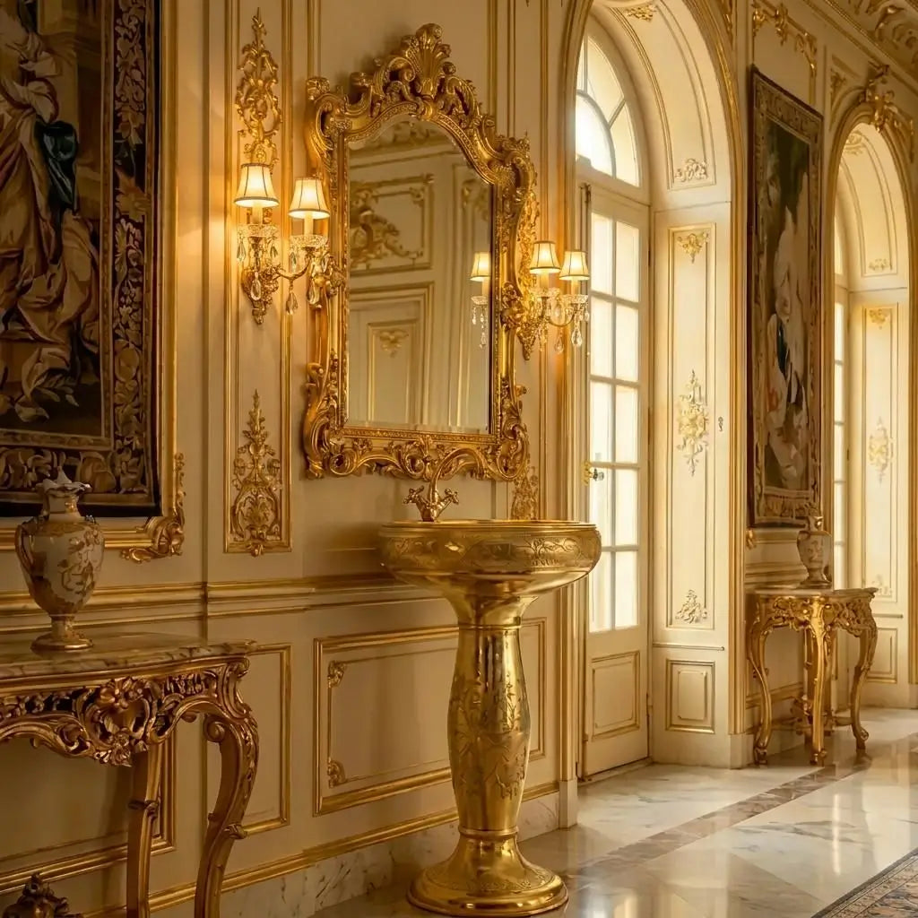 Luxury Moroccan brass pedestal sink with a matching faucet, positioned under an ornate gold Baroque mirror in a royal palace ballroom interior with classic wall moldings, elegant sconces, and gold console tables.