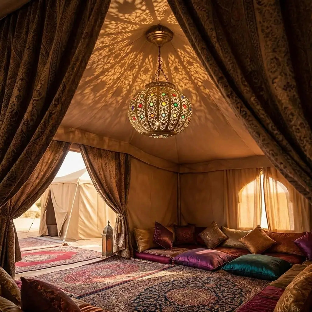 Moroccan style brass ceiling light fixture with colorful glass hanging inside a luxury desert tent with a colorful traditional floor majlis, casting warm and mesmerizing shadows.