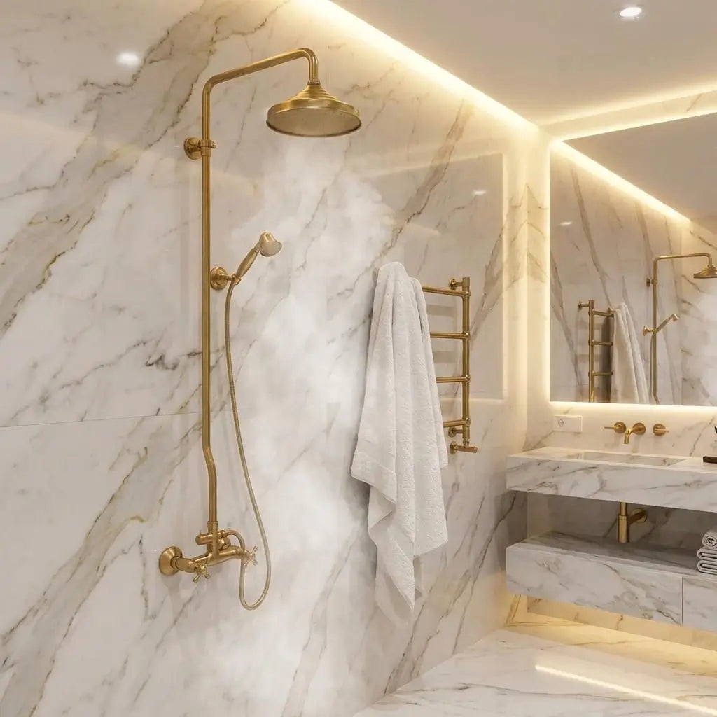 Complete Moroccan unlacquered brass shower system with rain head next to a luxury marble vanity and illuminated mirror.