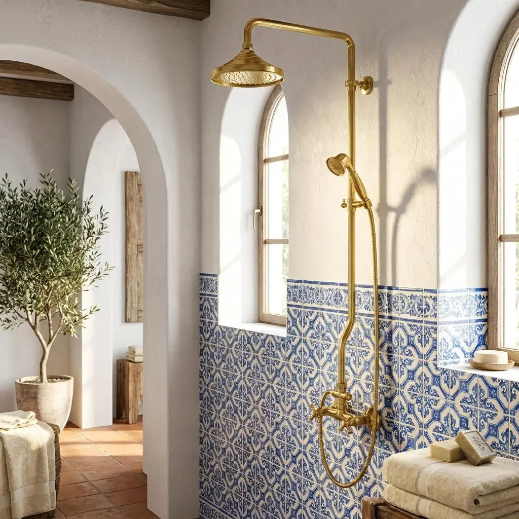 Moroccan unlacquered brass shower system with rain head installed on a wall featuring blue and white zellige patterned tiles next to arched windows.