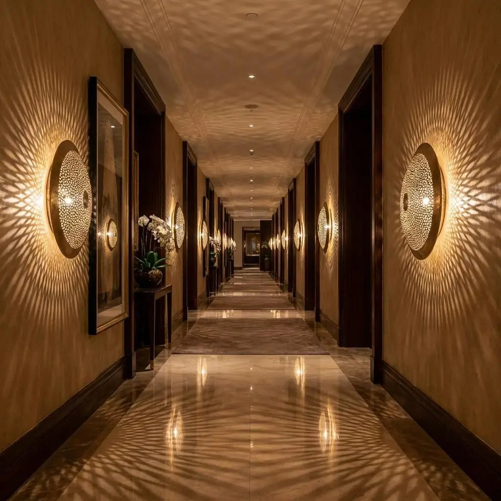 Symmetrical Moroccan wall lights featuring handmade artisan brass lighting aligned along both sides of a long luxury hotel corridor with warm ambient reflections.