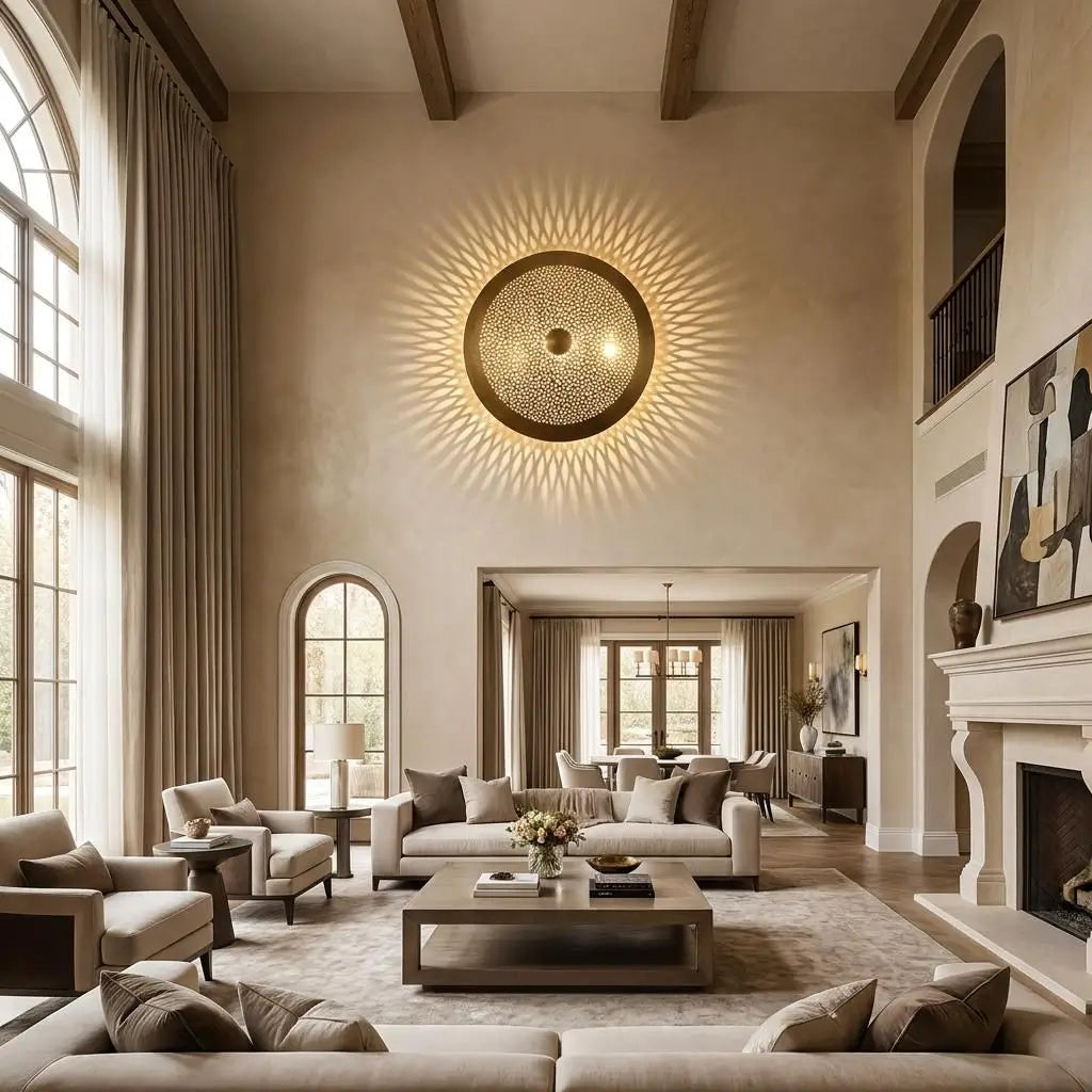 Moroccan wall light with handmade artisan brass lighting mounted high on a neutral wall in a large, luxury living room with high ceilings and tall windows.