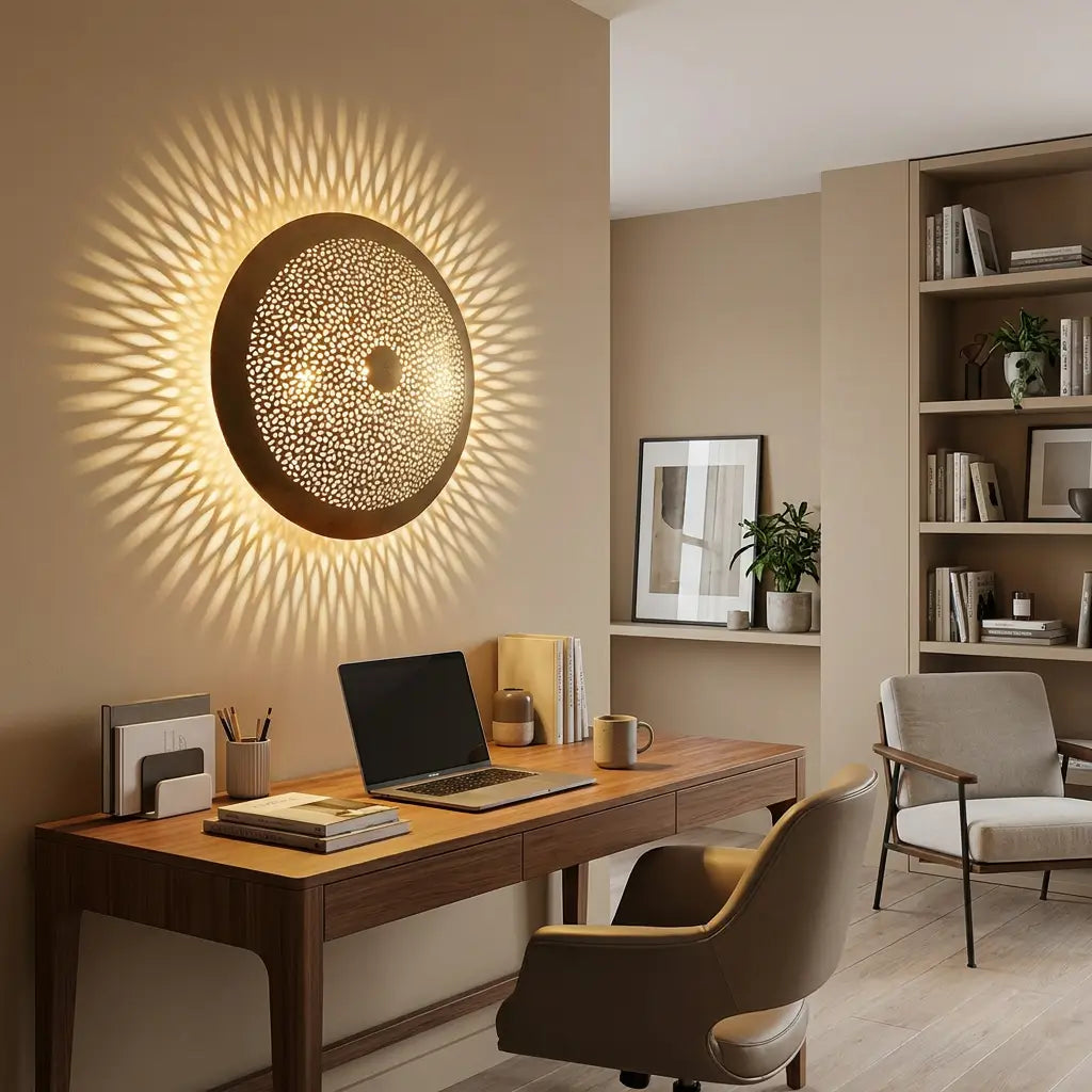 Moroccan wall light showcasing handmade artisan brass lighting with a radiant sunburst pattern on the wall above a modern wooden home office desk.