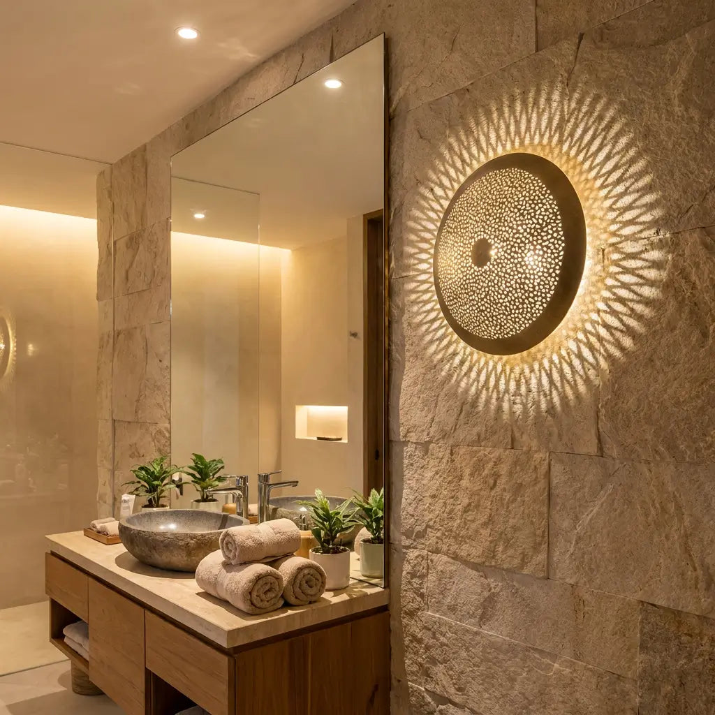 Moroccan wall light features handmade artisan brass lighting creating a sunburst shadow on a textured stone wall in a luxury bathroom next to a vanity mirror