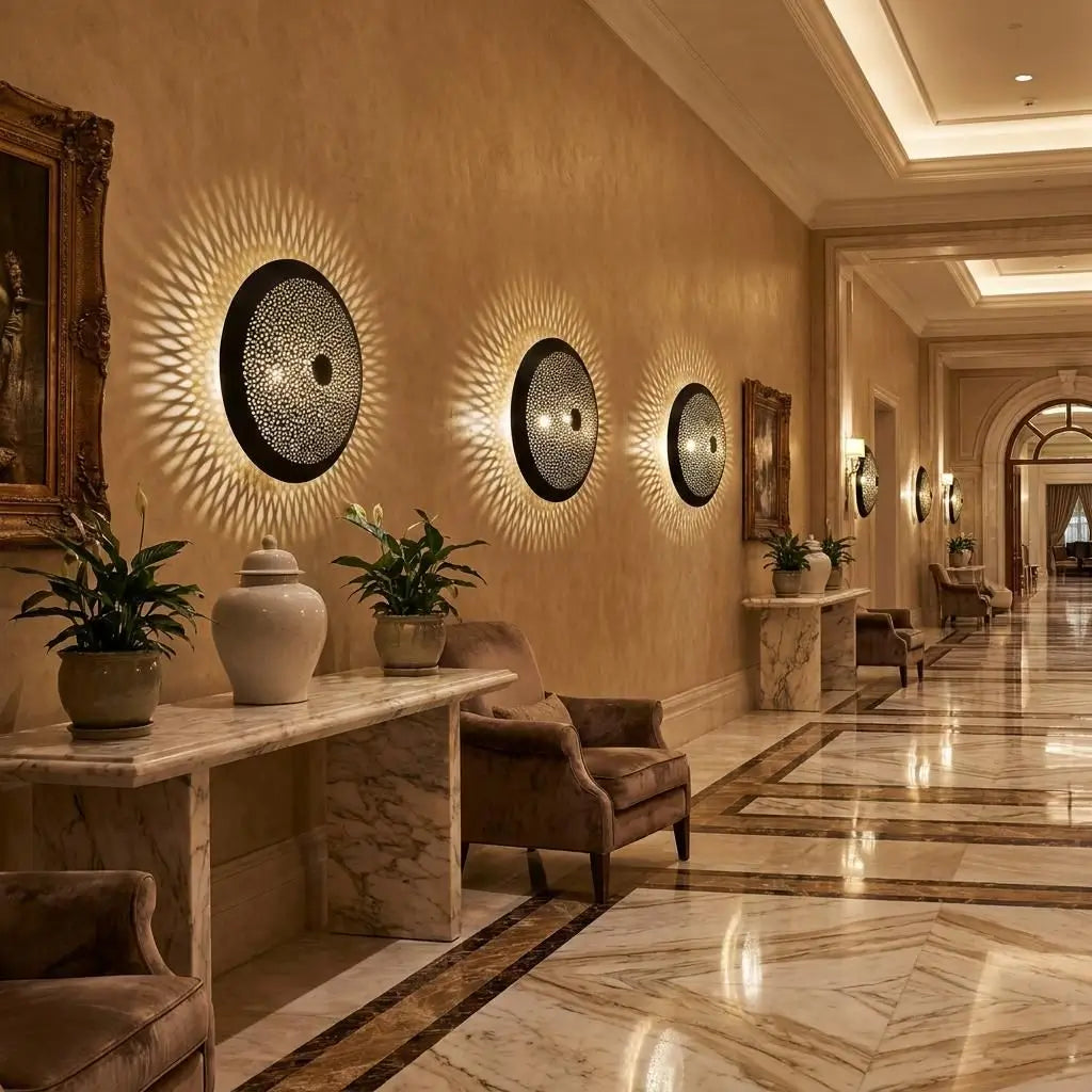 Multiple Moroccan wall lights showcasing handmade artisan brass lighting installed along a grand, luxury hotel hallway with textured warm-toned walls.