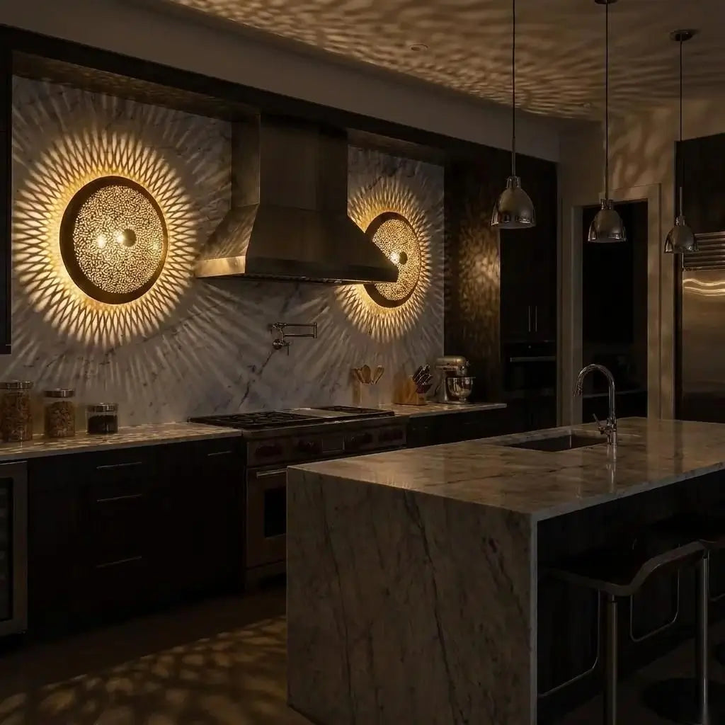 Two Moroccan wall lights with handmade artisan brass lighting creating sunburst patterns on a kitchen backsplash wall near a marble island.