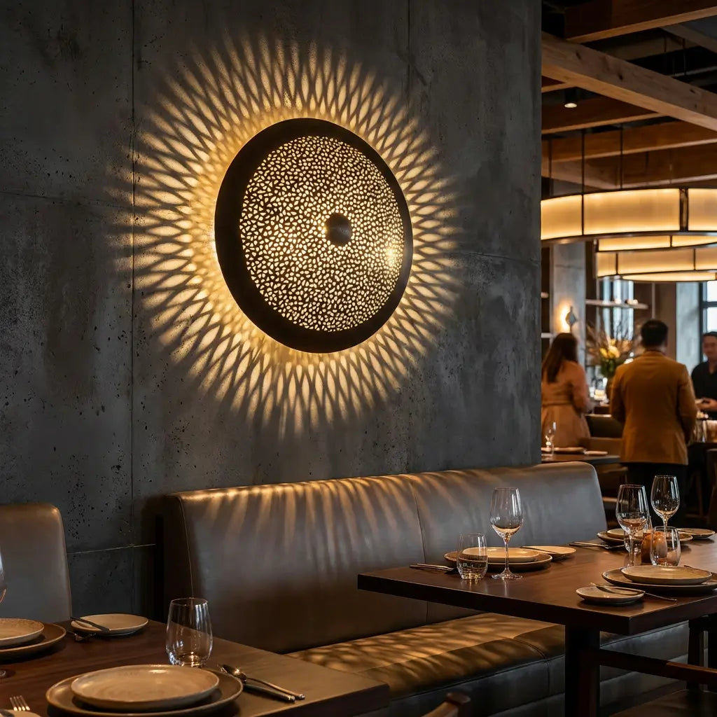 Moroccan wall light showing handmade artisan brass lighting with a dramatic sunburst shadow above a booth seating area in a luxury restaurant dining room.