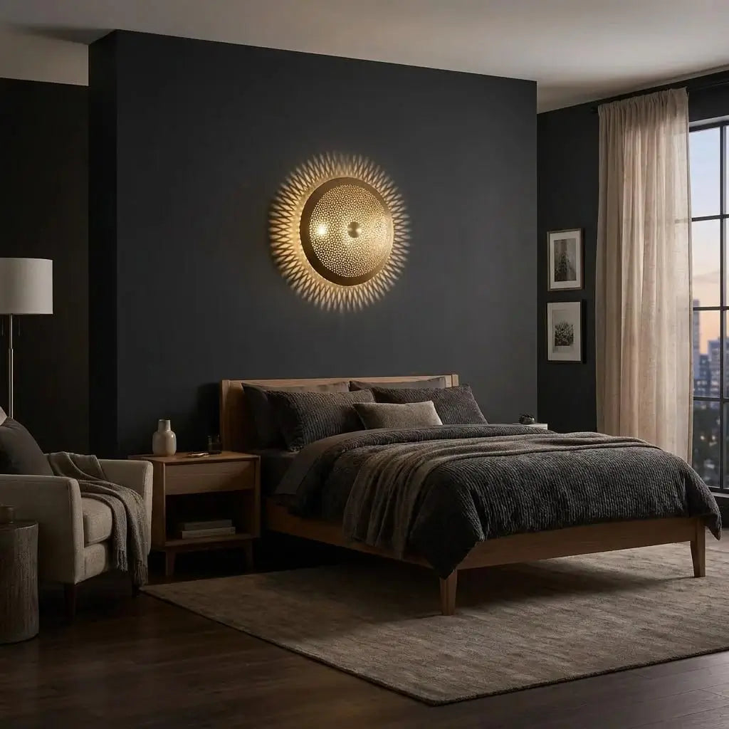 Moroccan wall light displaying handmade artisan brass lighting mounted on a dark blue accent wall centered above a modern wooden bed headboard.