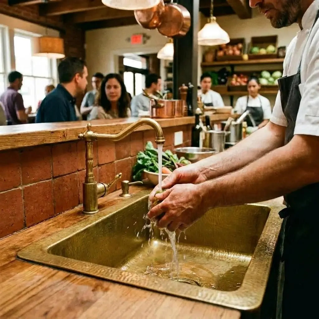 A chef washing hands under a vintage brass faucet into a 30 inch rectangular hammered copper sink on a wooden counter in an open kitchen restaurant