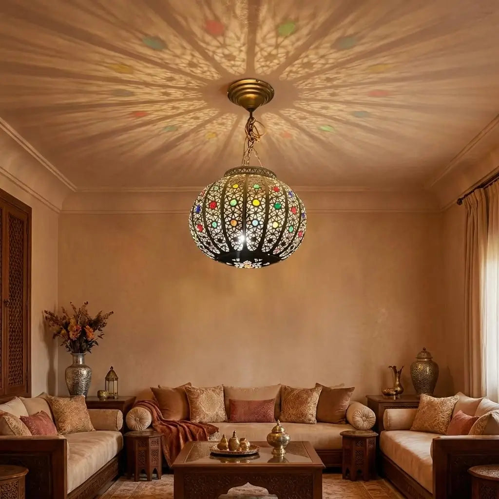 Oriental brass pendant light with colorful glass illuminating a warm elegant salon, reflecting spreading light lines and geometric patterns across the entire ceiling.