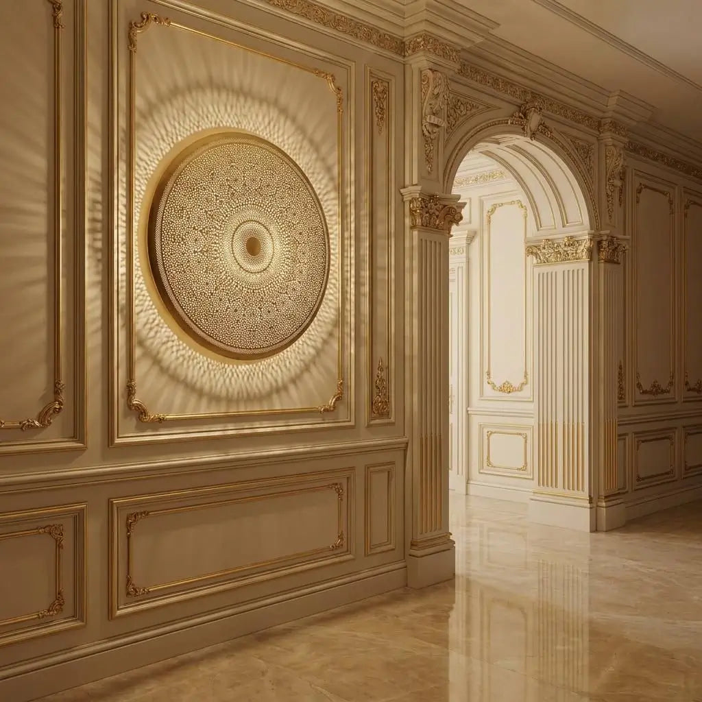 Ornate circular brass wall medallion light fixture casting sunburst shadows inside a classic room with decorative arches.