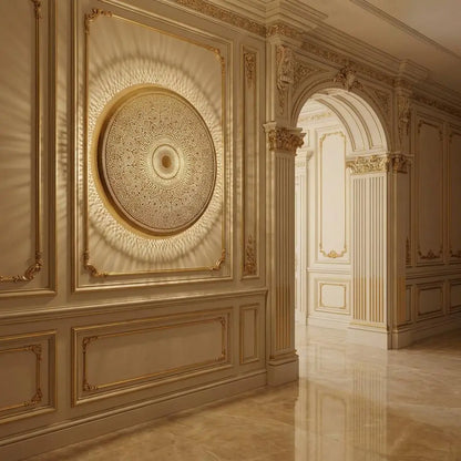 Ornate circular brass wall medallion light fixture casting sunburst shadows inside a classic room with decorative arches.