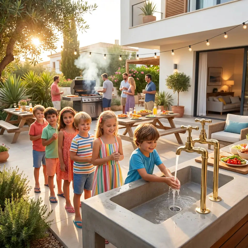 Lifestyle image of children lining up to wash hands at a brass outdoor filter tap during a family backyard BBQ party at a modern luxury house.