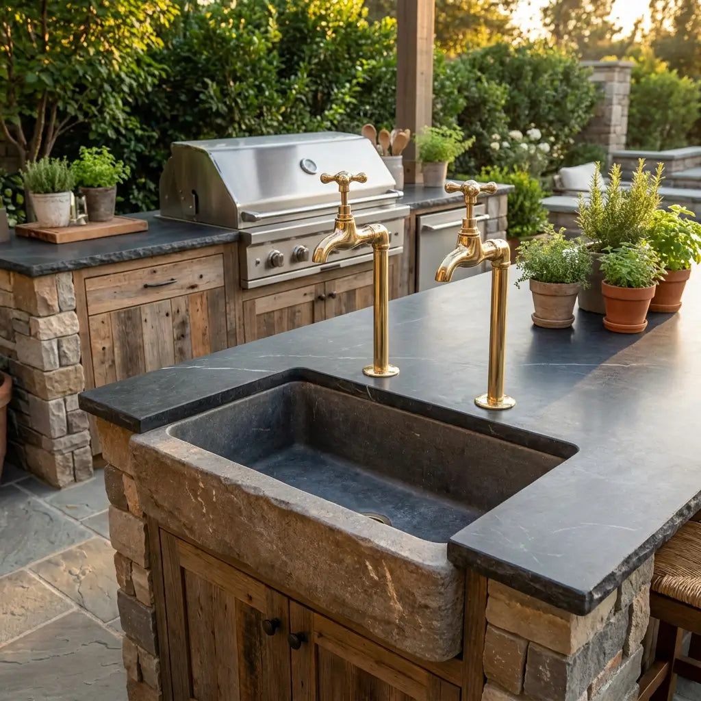 A pair of unlacquered brass water faucets with cross handles installed on a dark countertop island with a stone farmhouse sink in an upscale outdoor kitchen featuring a stainless steel grill.