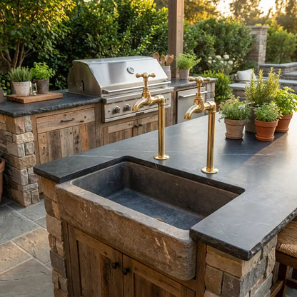 A pair of unlacquered brass water faucets with cross handles installed on a dark countertop island with a stone farmhouse sink in an upscale outdoor kitchen featuring a stainless steel grill.