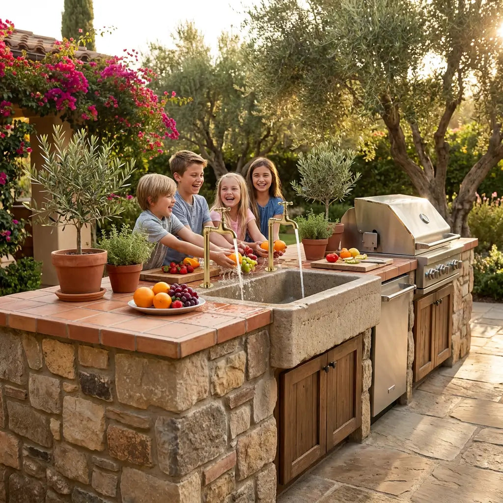 Children washing fruits under a pair of vintage unlacquered brass water faucets in a stone outdoor kitchen island with a built-in grill and garden background.