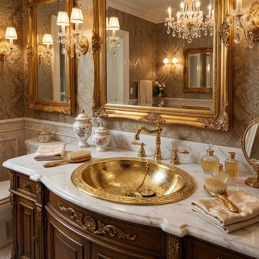 Oval hand-hammered polished brass drop-in bathroom basin with wide engraved lip and widespread classic faucet on a French provincial marble top vanity