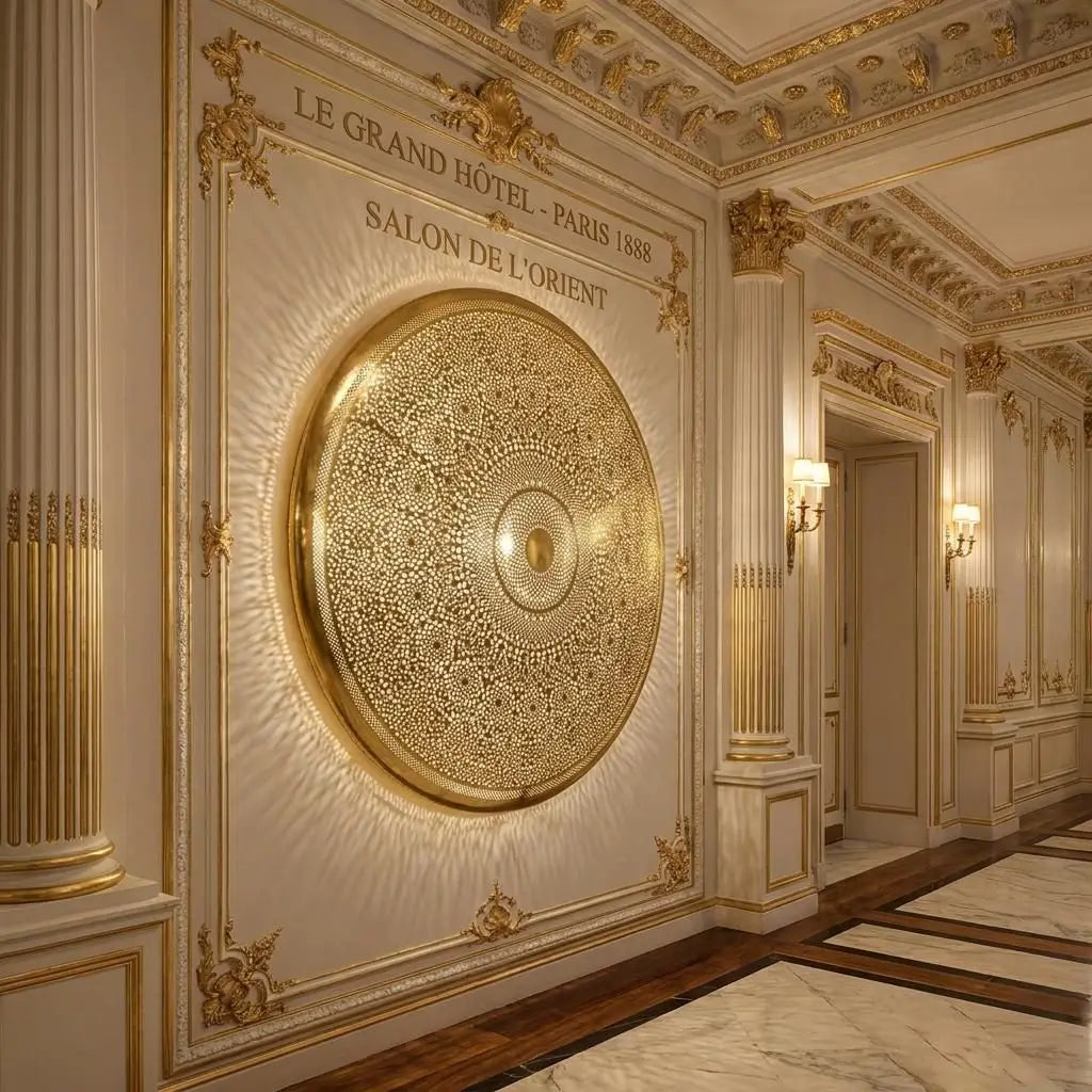 Oversized round chased brass plafonier fixture mounted on a decorative white and gold wall panel inside a grand hotel lobby.