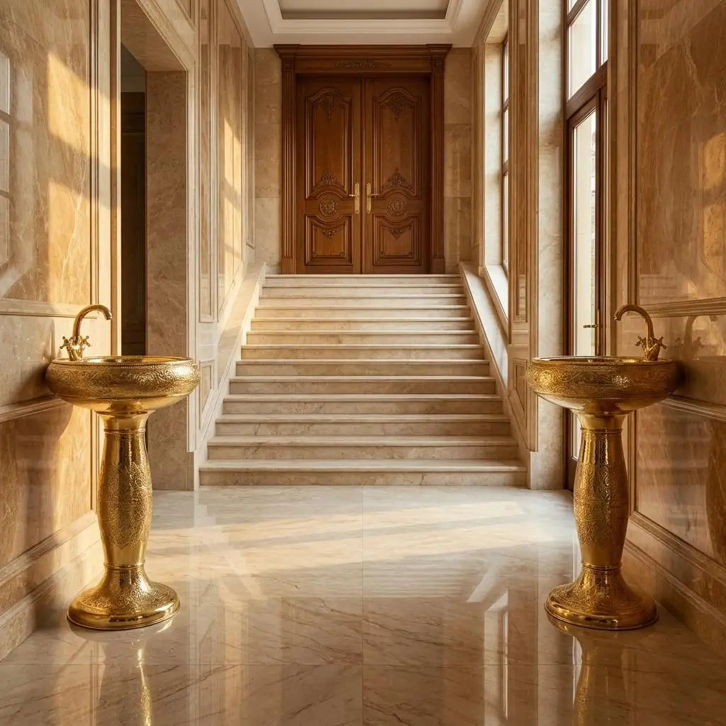 A symmetrical pair of artisanal Moroccan brass pedestal sinks with matching curved brass faucets, installed in a grand mansion lobby featuring polished marble floors, wooden walls, and a central stone staircase leading to double doors.