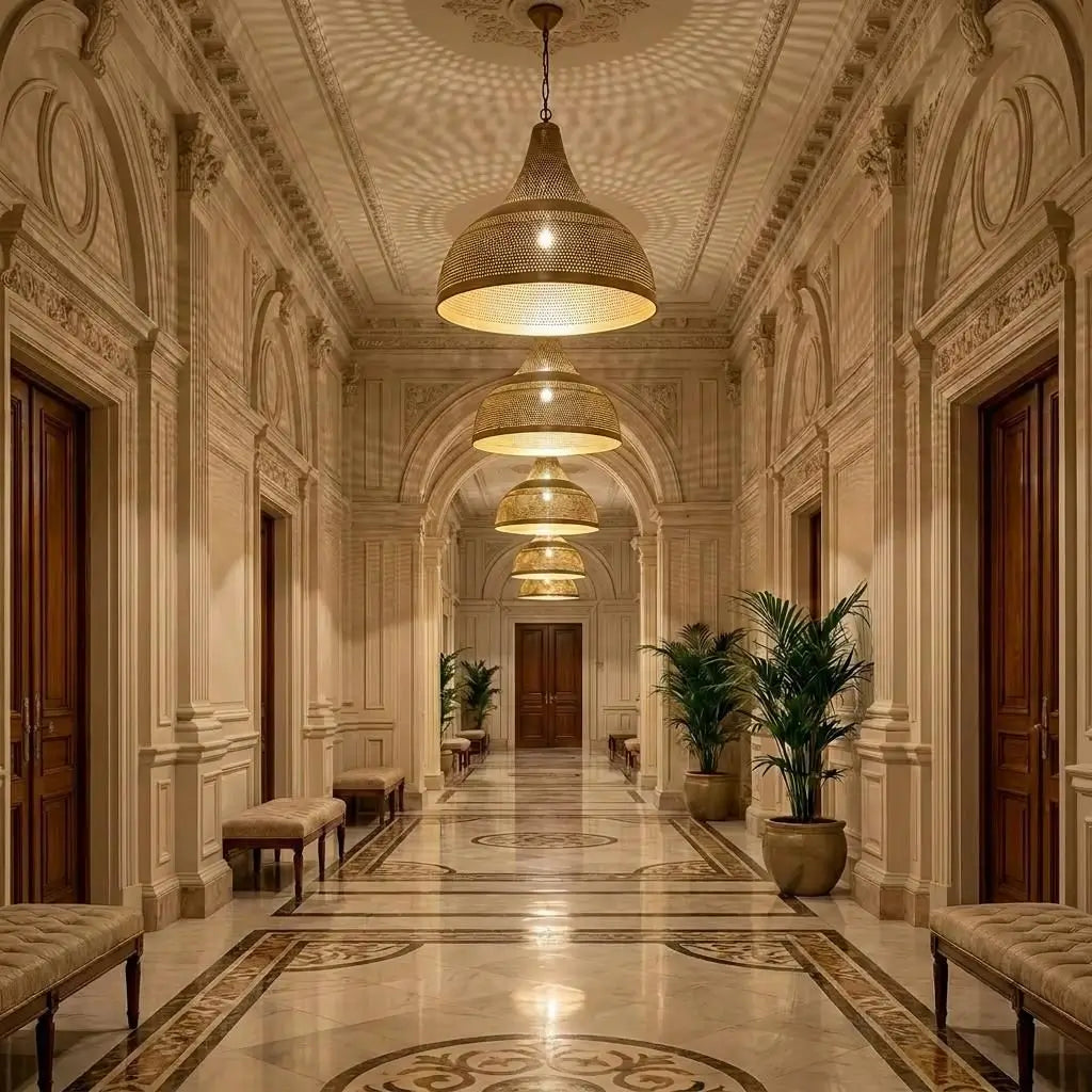 A long perspective of hanging Arabic brass dome ceiling lights decorating a palace-style corridor, shining over ornate marble stone walls, arched doorways, and tall golden planters.