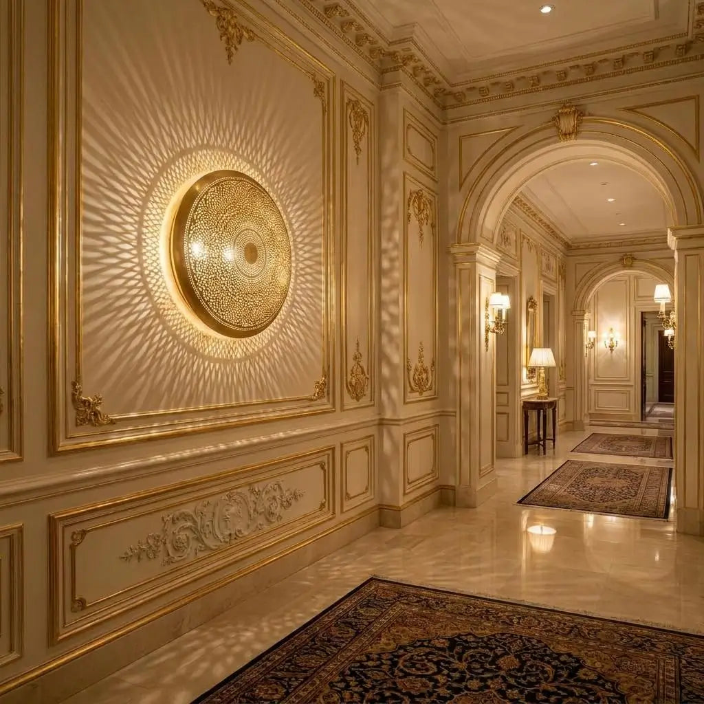 Palace style circular brass wall applique lamp creating wide patterned shadow rays on a classic ornate corridor wall.