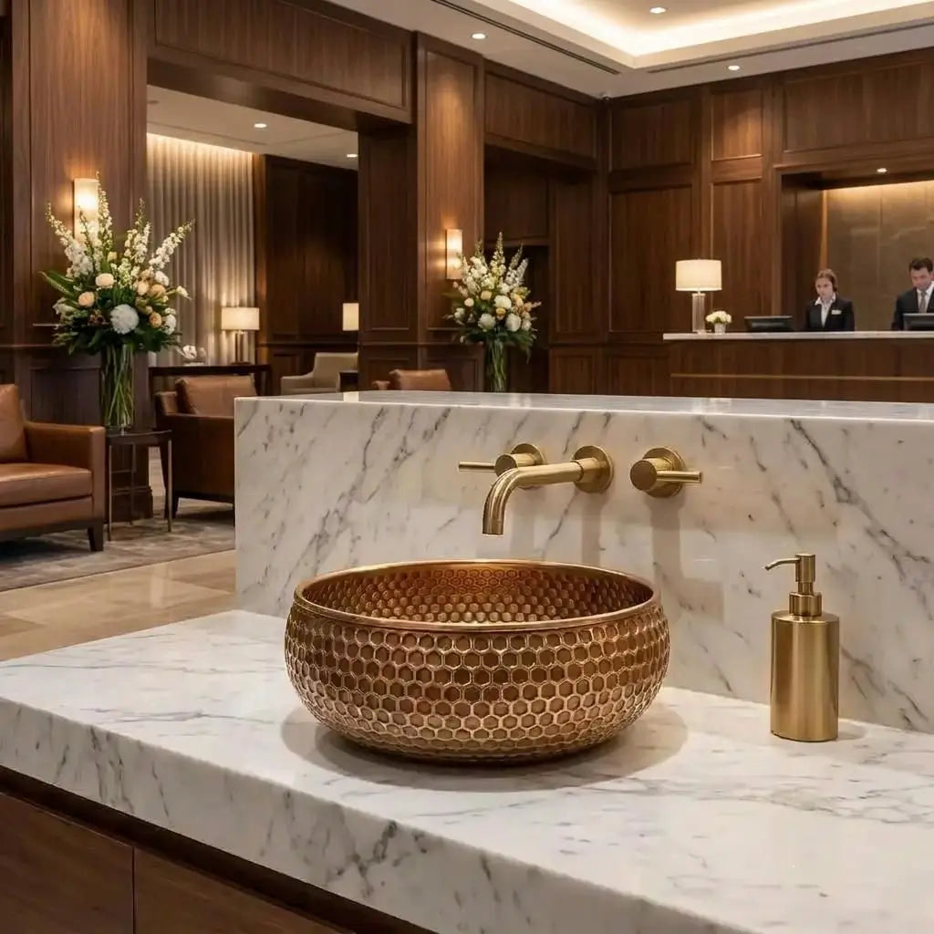 Perspective view of a mid-century modern hammered brushed copper sink with honeycomb texture styled on a marble counter in front of a hotel reception desk.