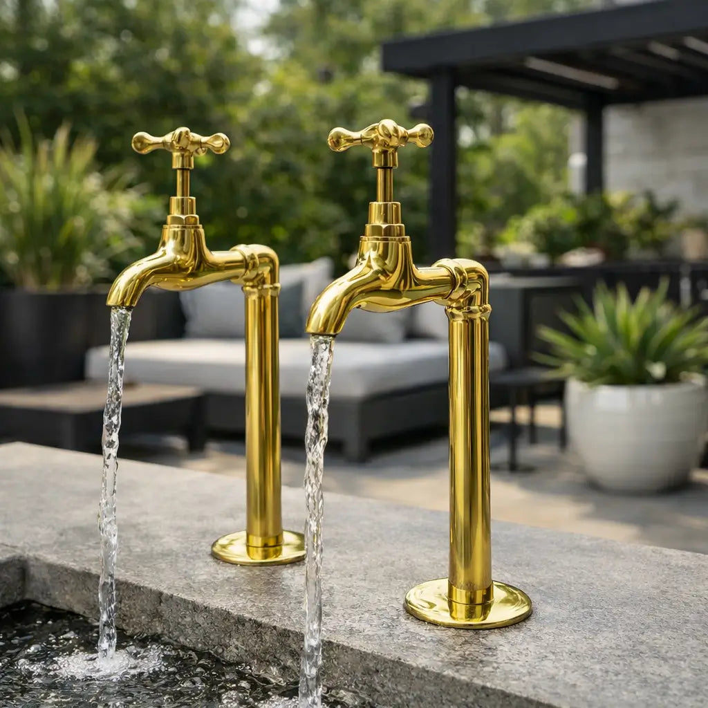 Two elegant polished brass cold water filter taps with cross handles running clear water into an outdoor sink setup with garden background.