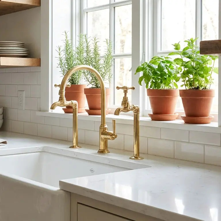 Elegant brass water filter faucets set with a matching high-arch kitchen faucet installed on a white countertop by a bright window with potted herbs.
