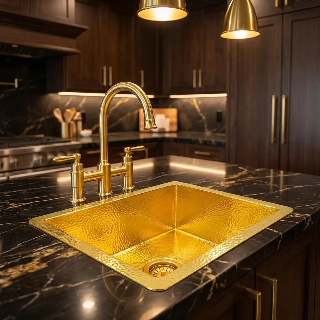 Polished brass drop-in kitchen island sink with a matching gold bridge faucet installed on a luxury black marble countertop with gold veins.