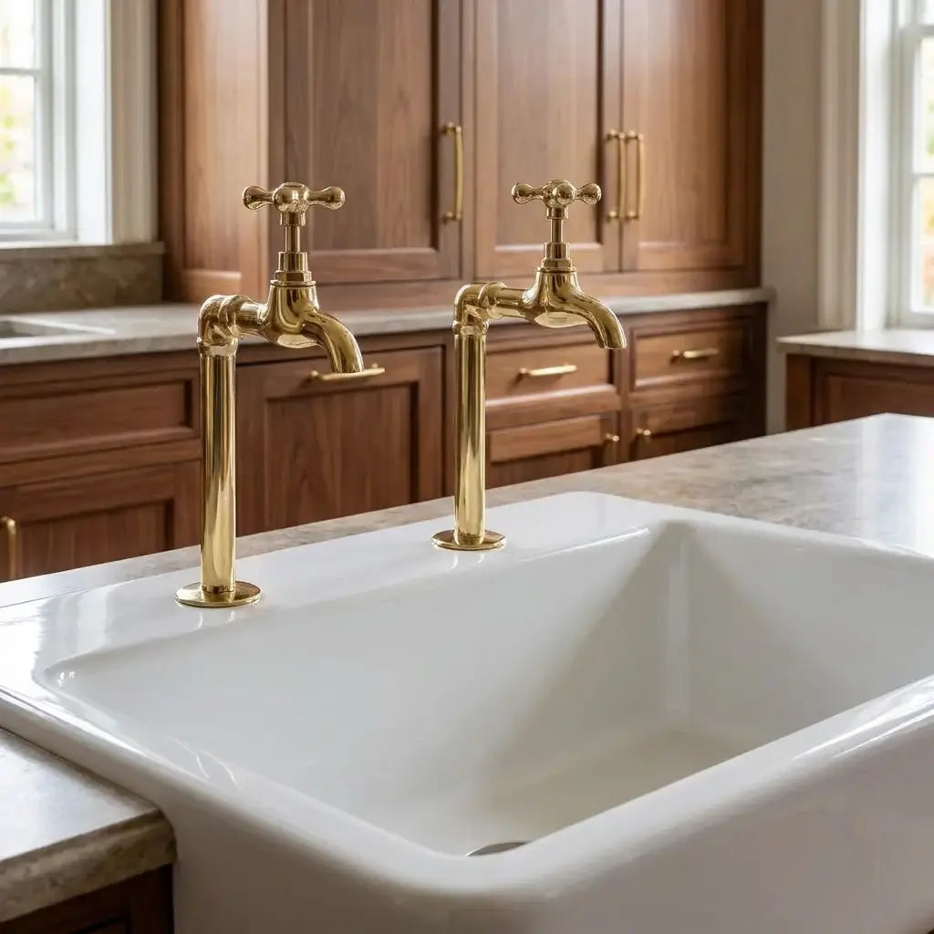 Pair of elegant polished brass water filter faucets with classic cross handles installed on a large white ceramic kitchen farmhouse sink with wooden cabinets background.