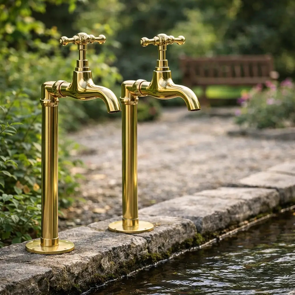 Two polished brass water filter cold taps with classic cross handles installed on a gray stone edge next to a garden pond feature.
