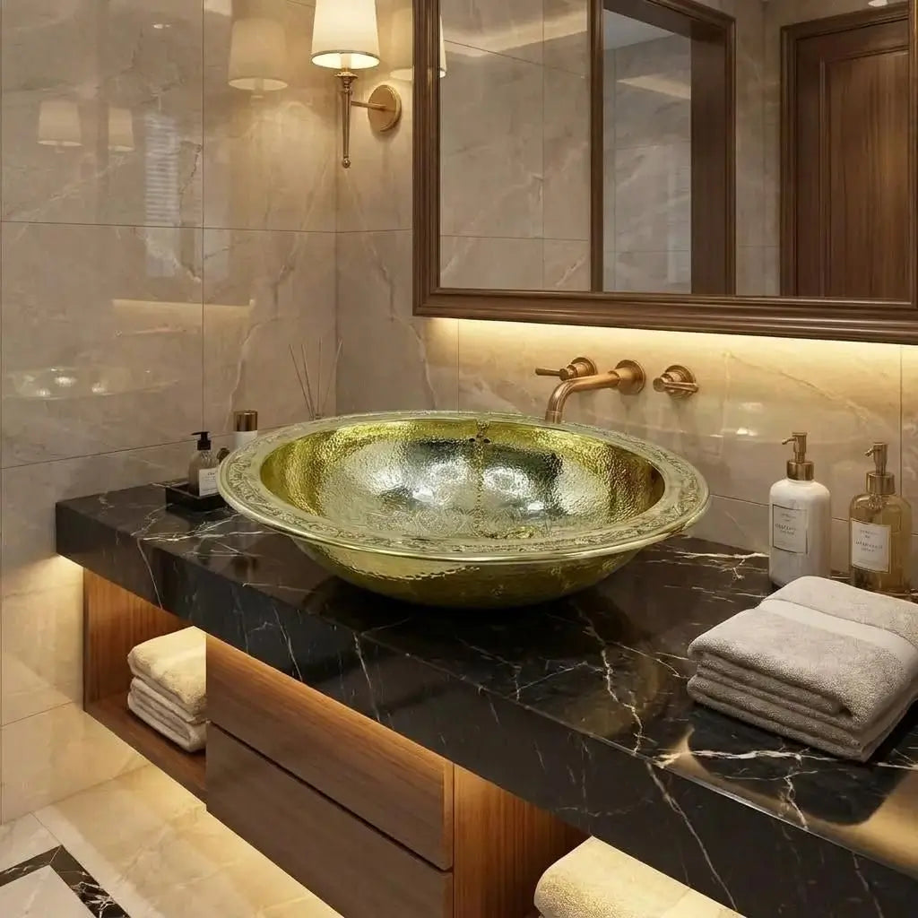 Polished round brass vessel sink with a wide engraved rim paired with a wall-mounted brass faucet on a luxury black marble countertop