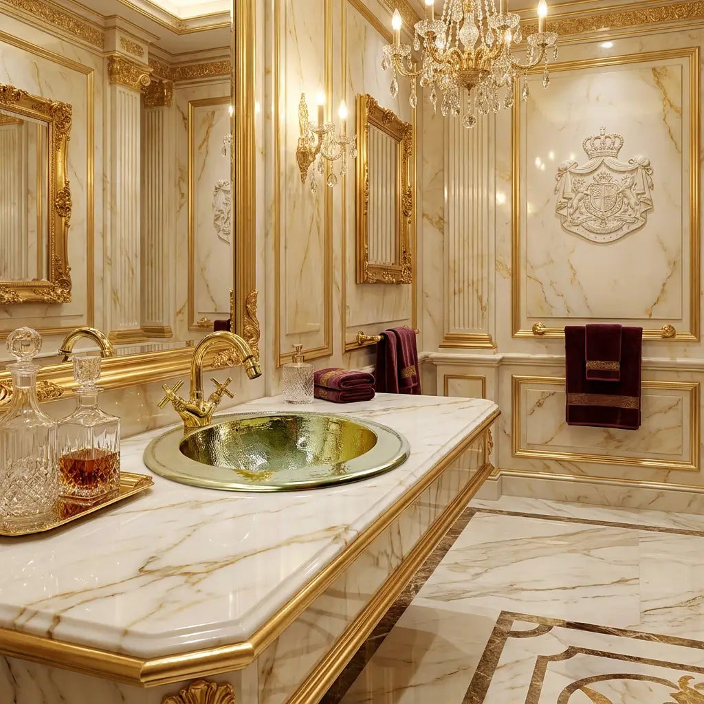 Polished gold brass drop-in bathroom basin with vintage cross-handle faucet mounted on a luxury white marble countertop vanity