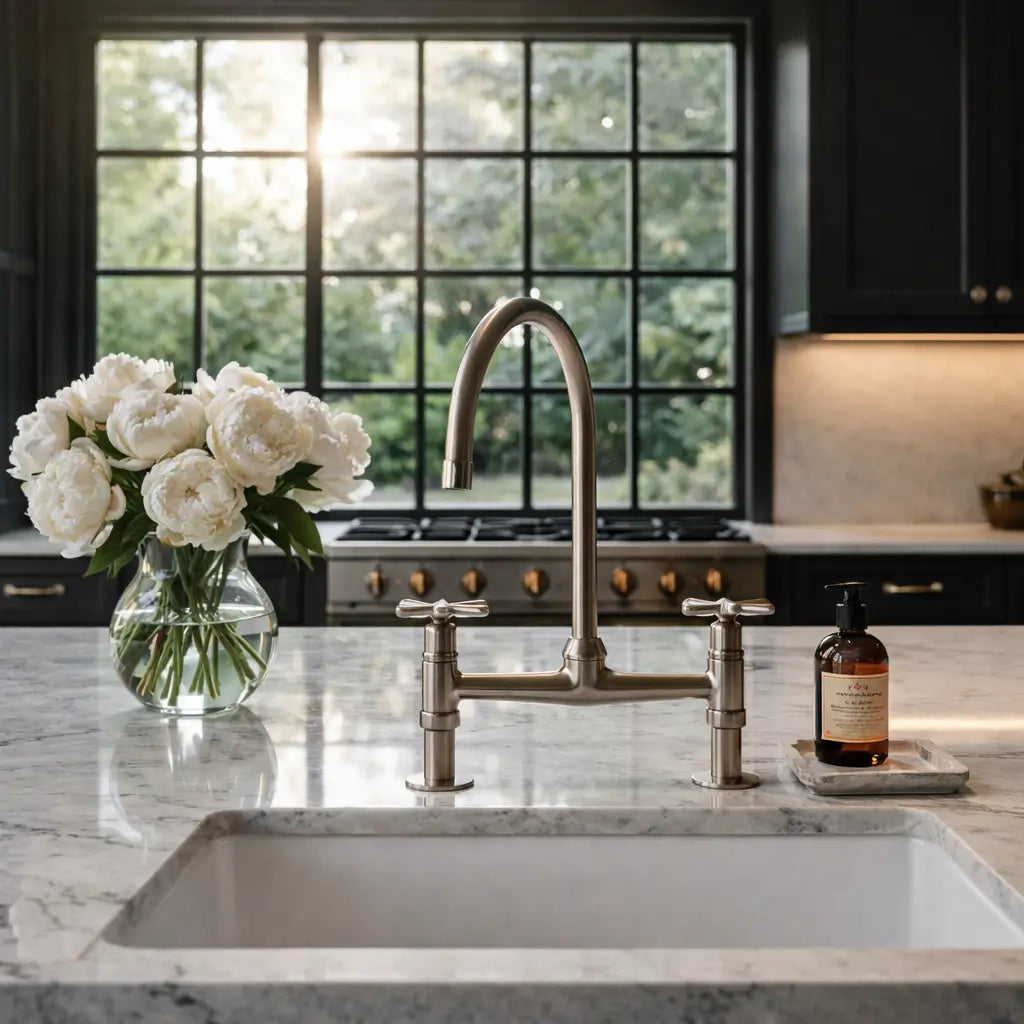 Elegant warm brushed nickel Heritage bridge kitchen faucet mounted on a polished white marble countertop with a vase of white roses and classic grid window background.