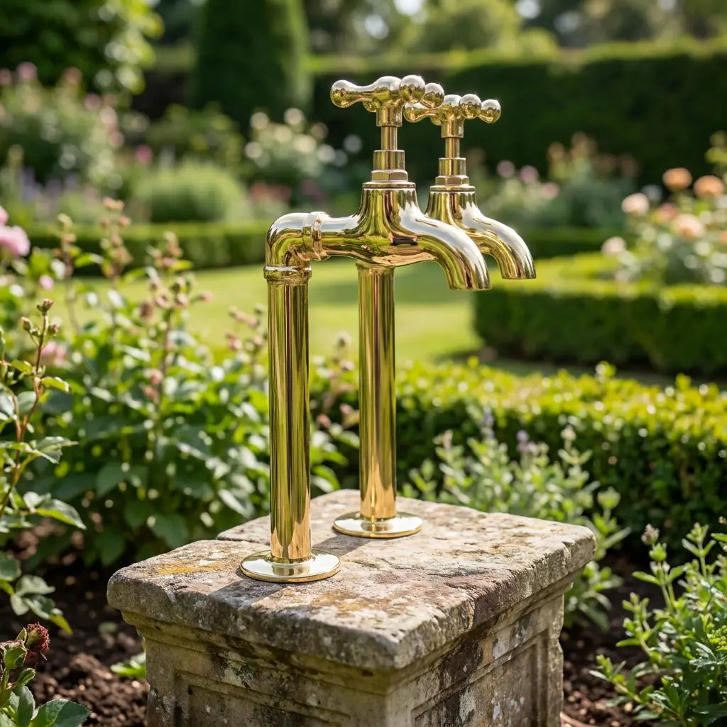 Two handmade unlacquered brass water dispenser faucets mounted on a stone pillar in a lush green garden