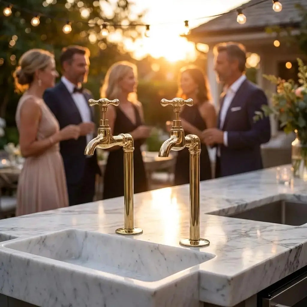 Two unlacquered brass water dispenser faucets installed on a white marble bar counter during an elegant outdoor evening party